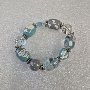 Blue White Beaded Stretch Bracelet Floral Wedding Something Blue